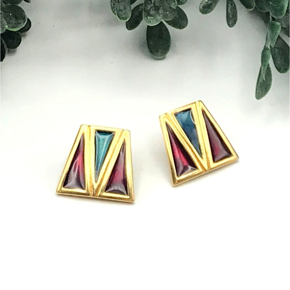 Vintage Gold-Tone Abstract Enamel Post Earrings In Red & Blue Triangles by EVOKE